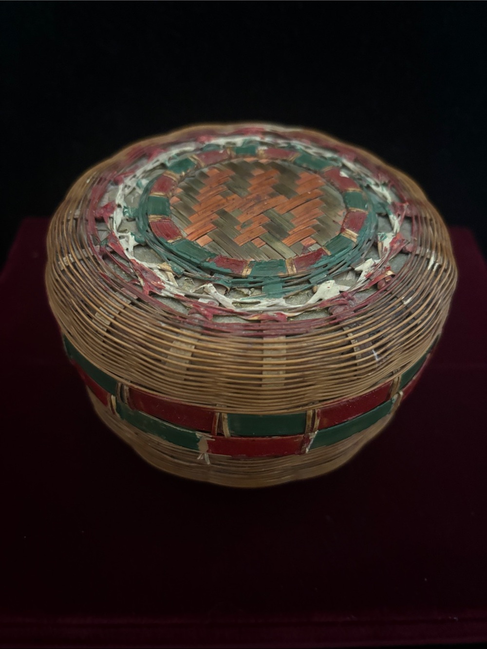 Vintage Handwoven Decorative Storage Basket in Red and Green made in Hong Kong